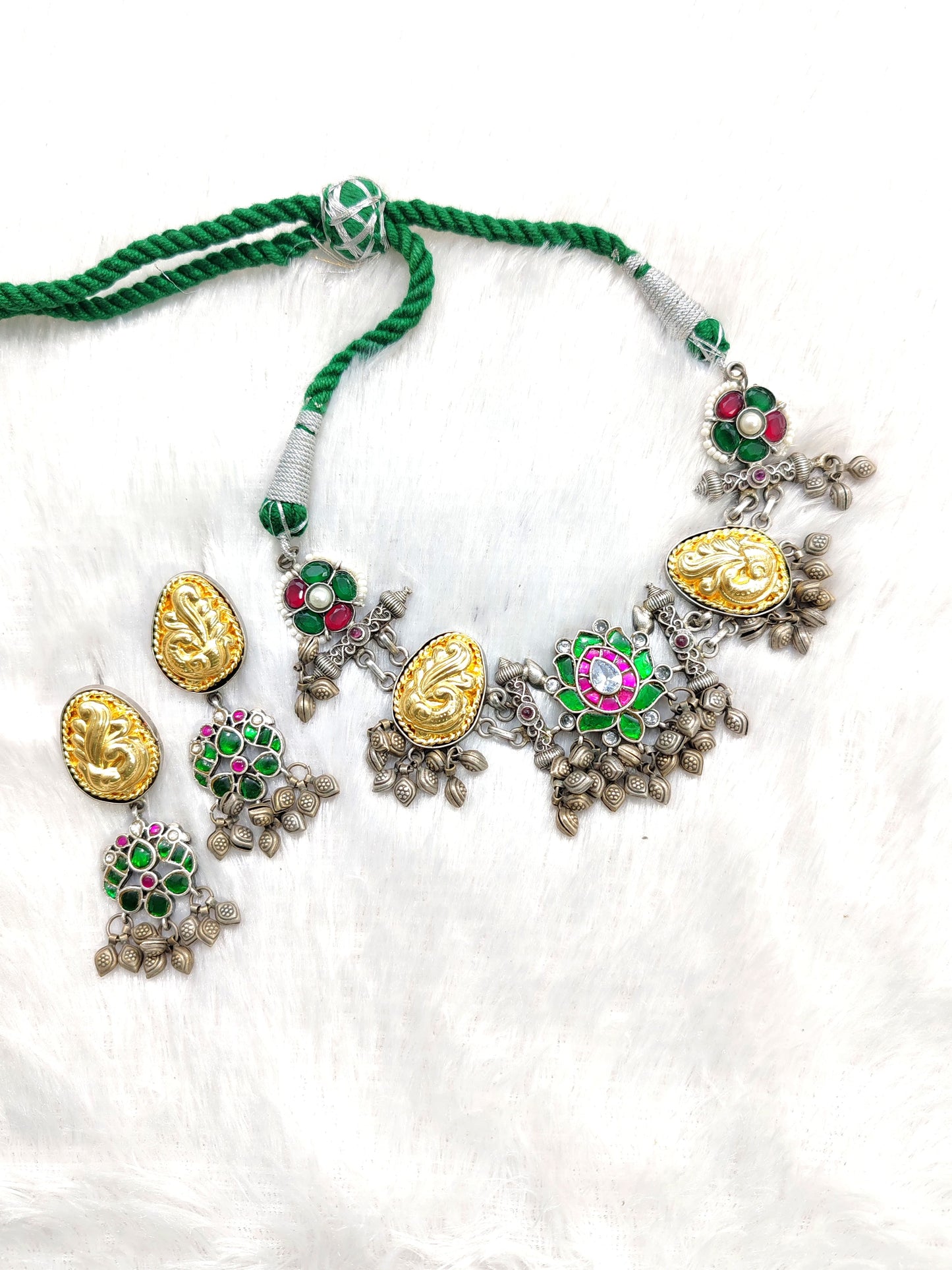 Dual-Wear Pachi Choker & Necklace – Handcrafted Silver Finish with Gold Accents