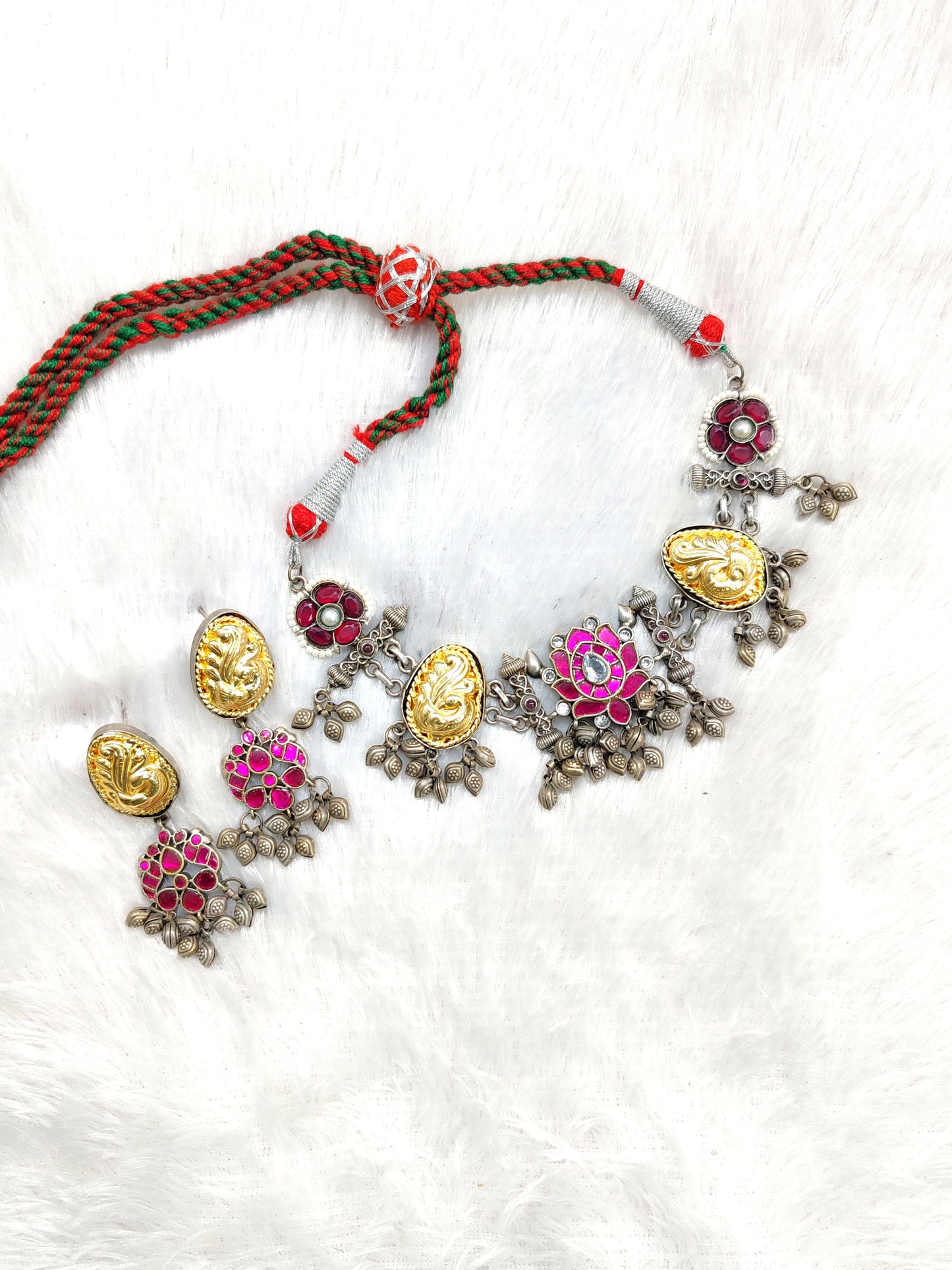 Dual-Wear Pachi Choker & Necklace – Handcrafted Silver Finish with Gold Accents