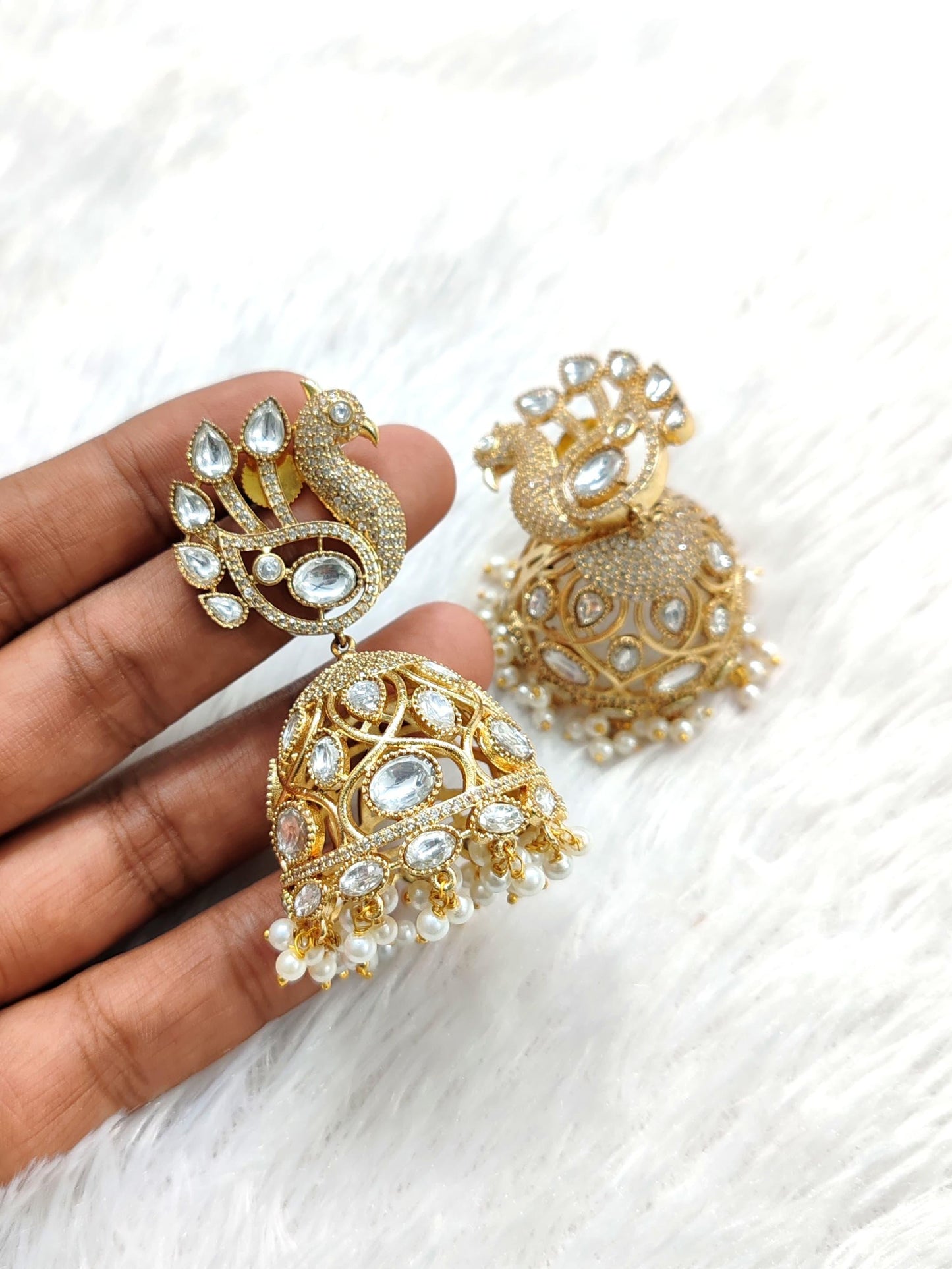 Rajwadi Peacock Design Jhumka Earrings with Multicolor Gem Accents | Sparkle Emporium