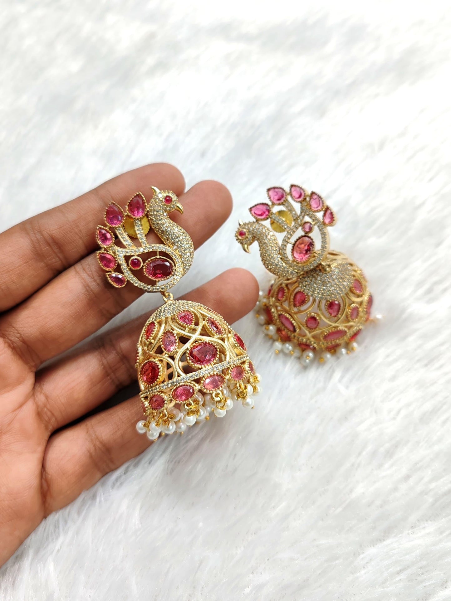 Rajwadi Peacock Design Jhumka Earrings with Multicolor Gem Accents | Sparkle Emporium