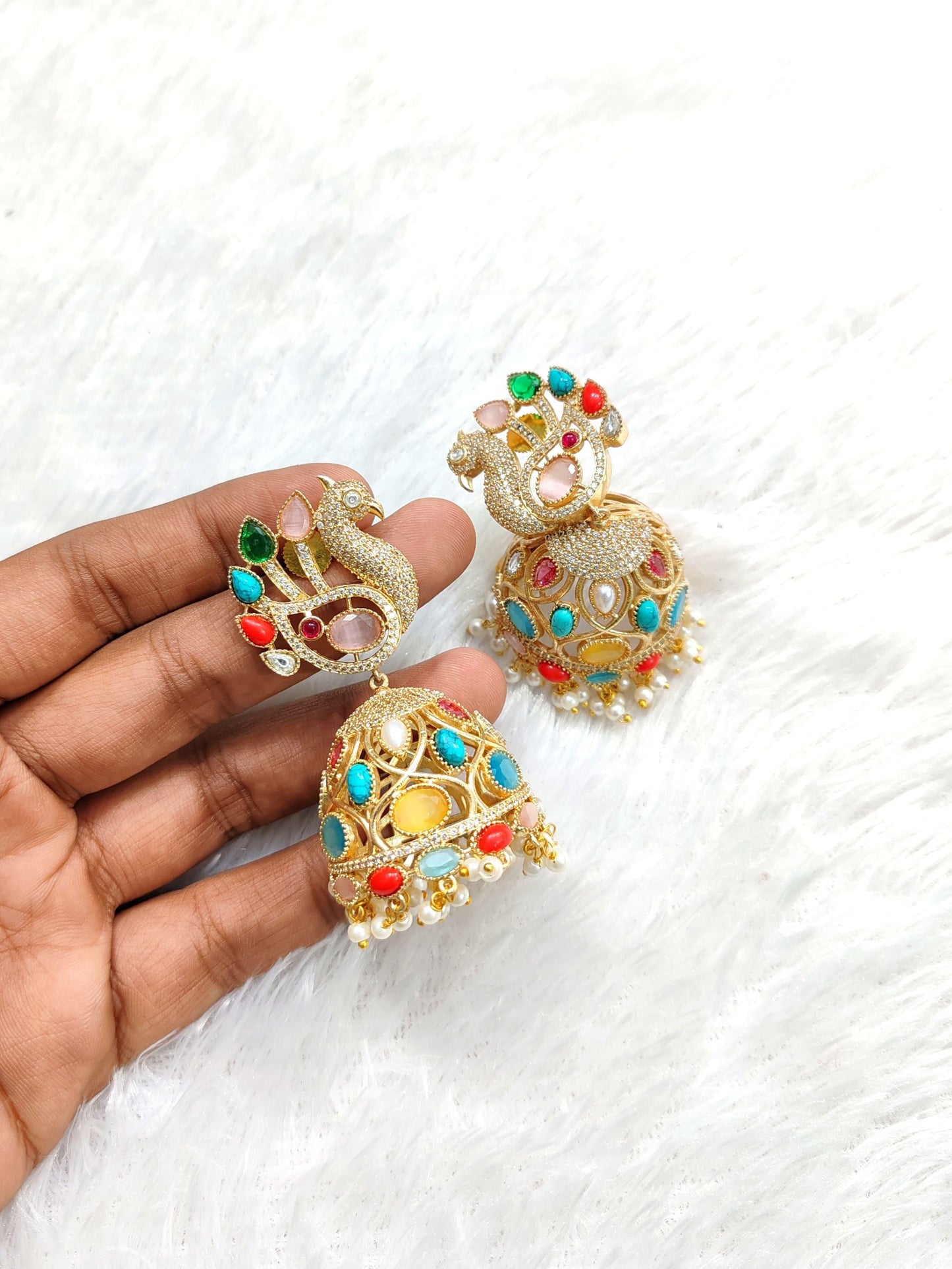 Rajwadi Peacock Design Jhumka Earrings with Multicolor Gem Accents | Sparkle Emporium