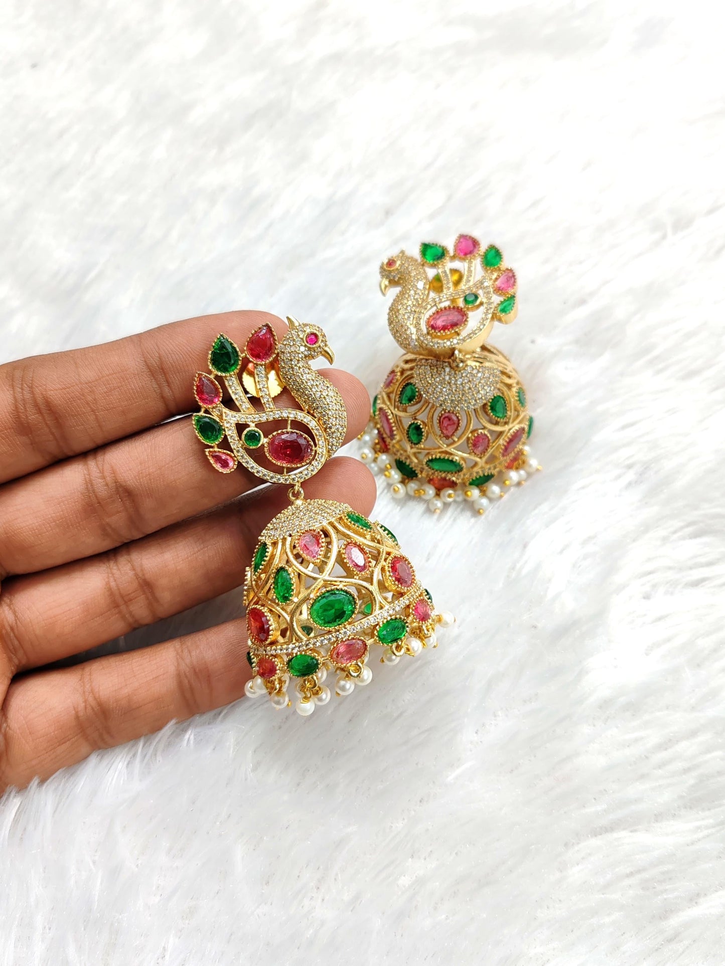 Rajwadi Peacock Design Jhumka Earrings with Multicolor Gem Accents | Sparkle Emporium