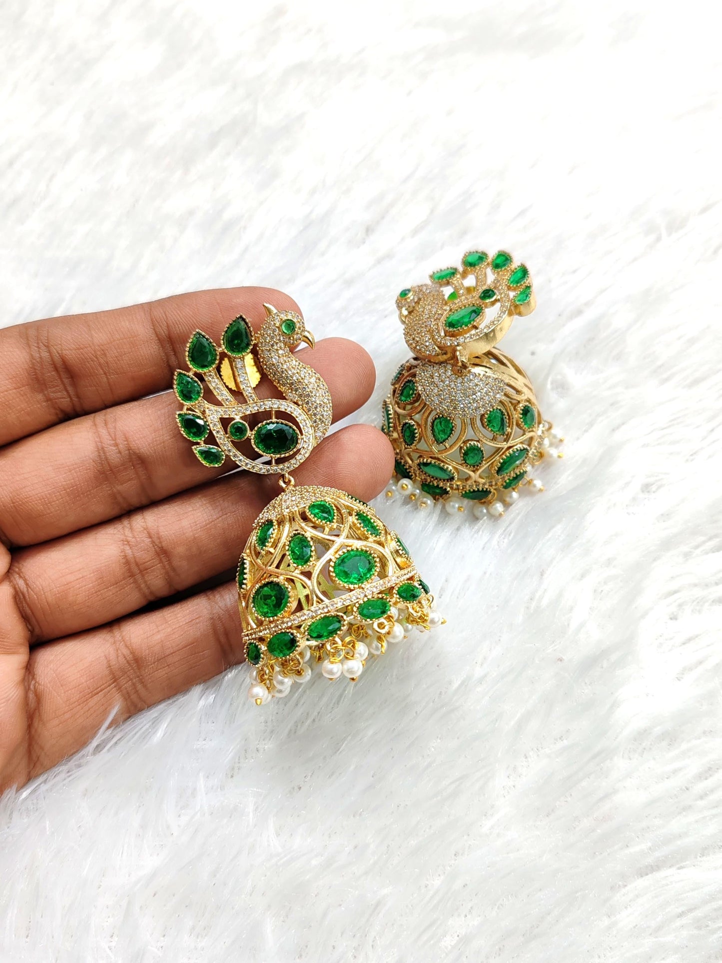 Rajwadi Peacock Design Jhumka Earrings with Multicolor Gem Accents | Sparkle Emporium