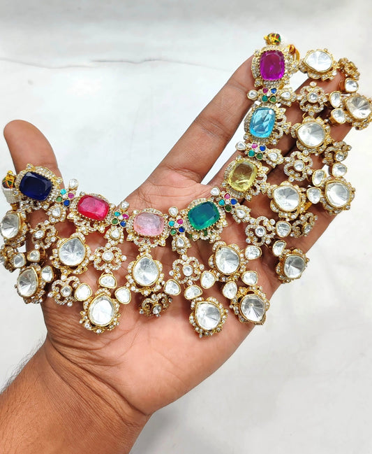 Royal Multi-Stone Kundan Choker & Emerald Drop Earrings - Sparkle Emporium