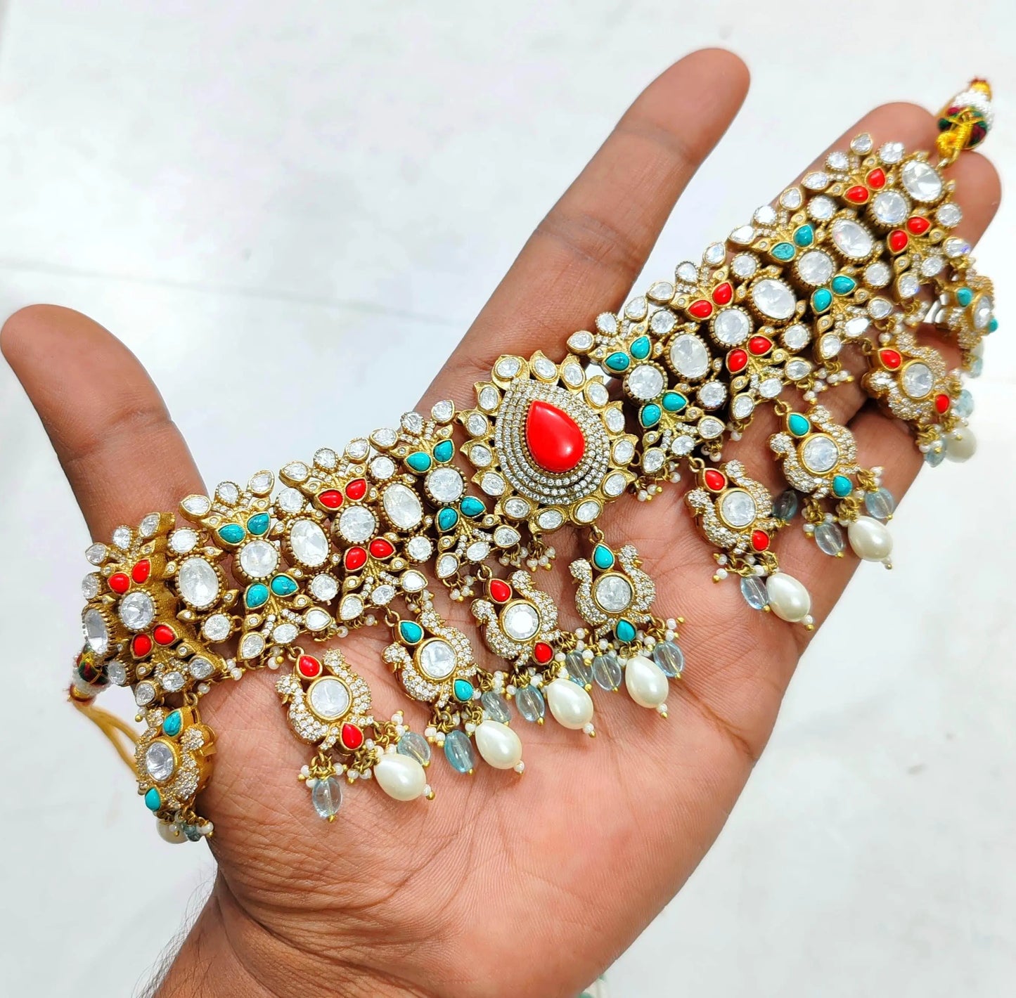 Majestic Kundan Polki Choker – Red, Turquoise & Pearl Elegance - Sparkle Emporium