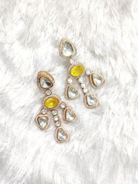 Elegant Yellow-Purple and White Kundan Chandelier Earrings Sparkle Emporium
