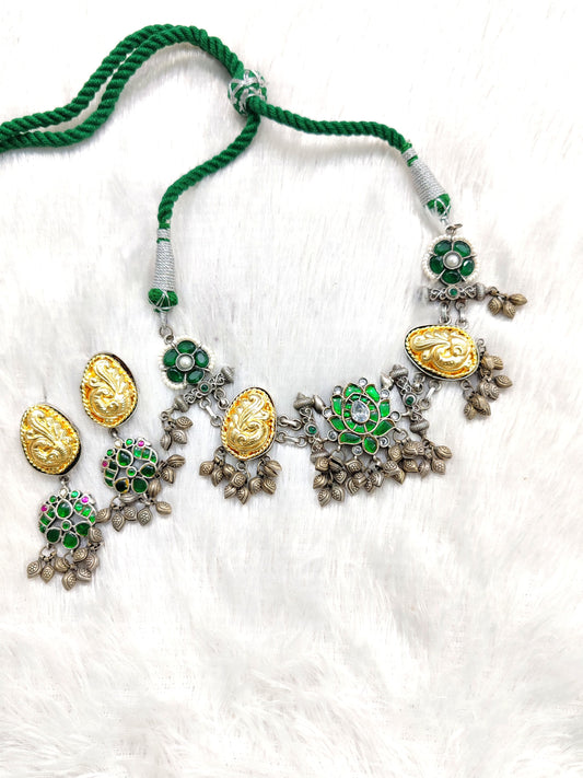 Dual-Wear Pachi Choker & Necklace – Handcrafted Silver Finish with Gold Accents