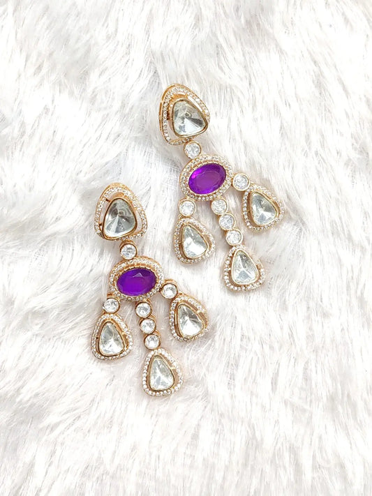 Elegant Yellow-Purple and White Kundan Chandelier Earrings Sparkle Emporium